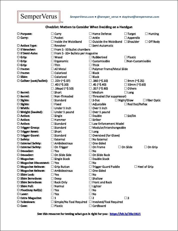 Checklist: Matters to Consider When Deciding on a Handgun Checklist: Matters to Consider When Deciding on a Handgun